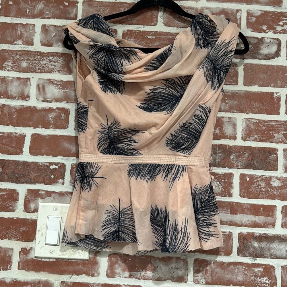 Byron Lars On A Wing Peplum Blouse Feather Print Blouse Size 2 Cotton Womens - Picture 2 of 8
